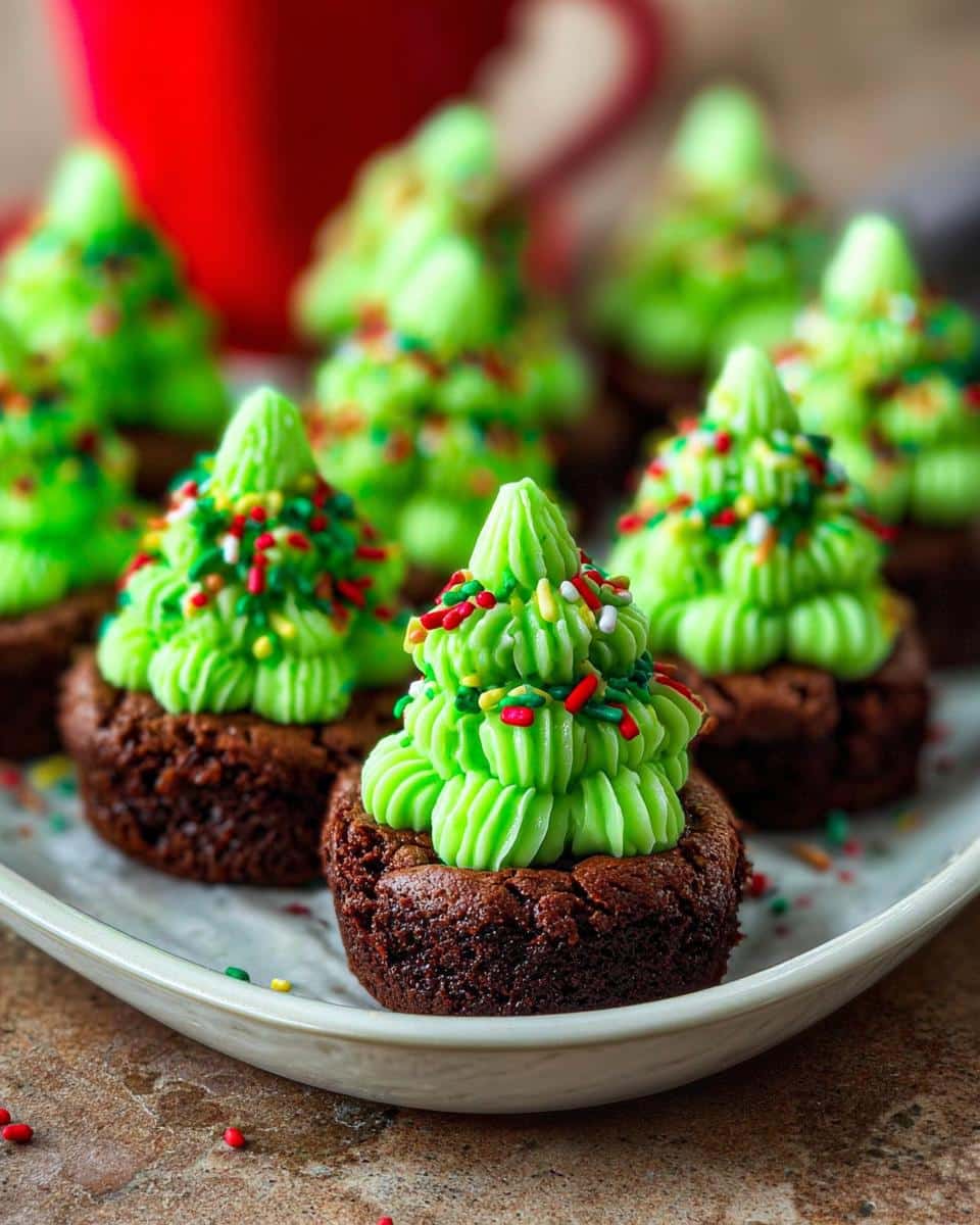 Festive Brownie Bites with Christmas Sprinkles, decorated with green frosting shaped like Christmas trees.