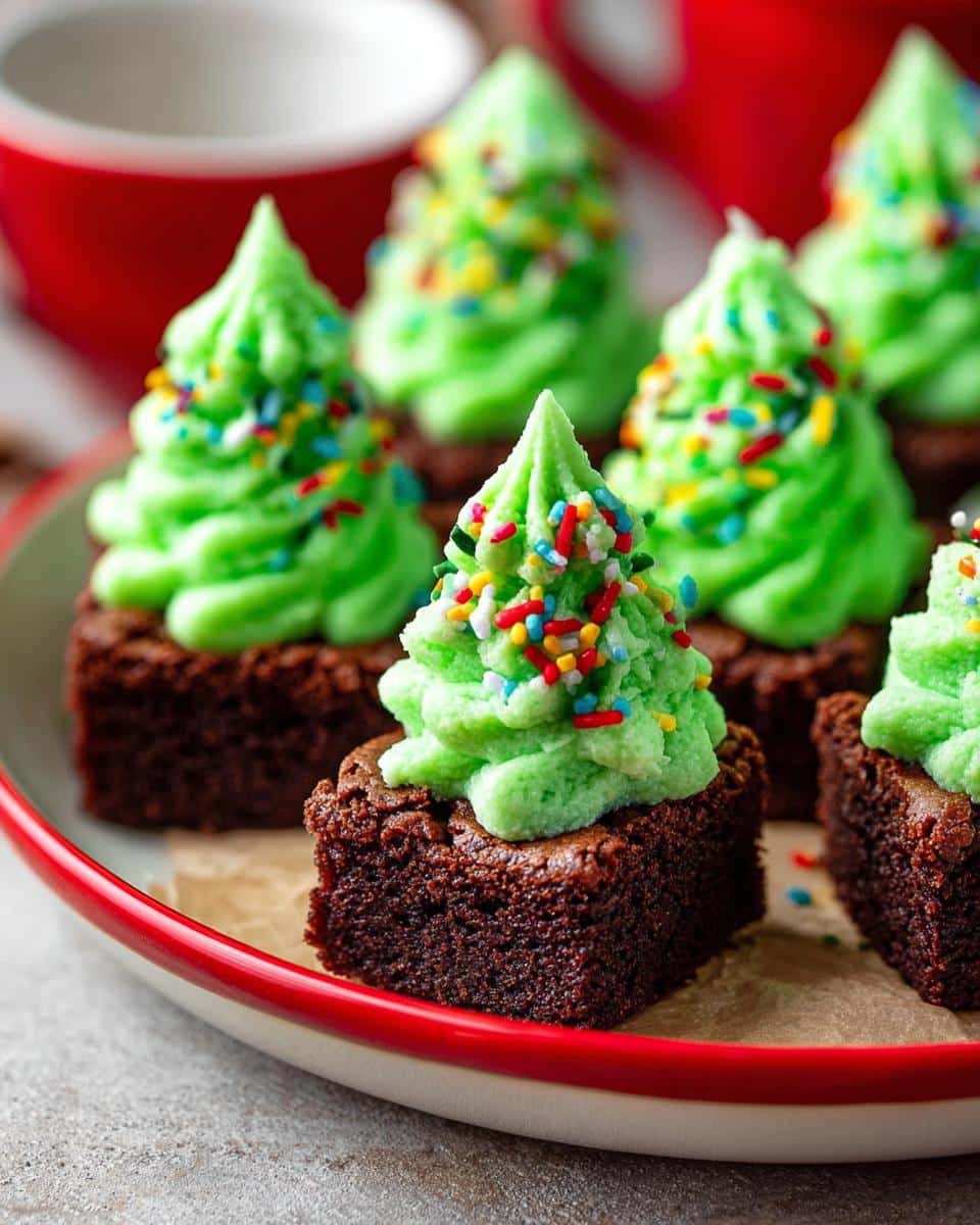 Festive Brownie Bites with Christmas Sprinkles, topped with green frosting shaped like Christmas trees.