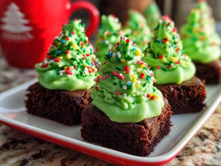 Christmas brownie bites decorated with green frosting Christmas trees and colorful sprinkles.