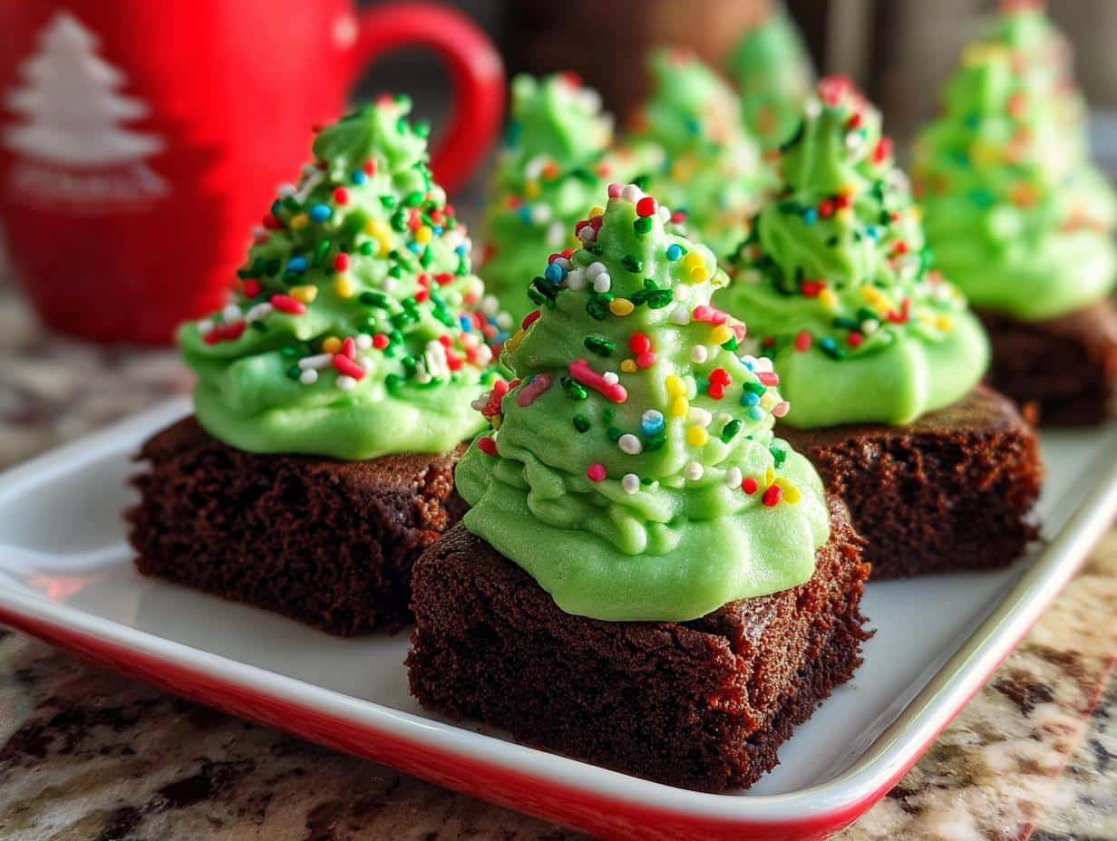 Christmas brownie bites decorated with green frosting Christmas trees and colorful sprinkles.