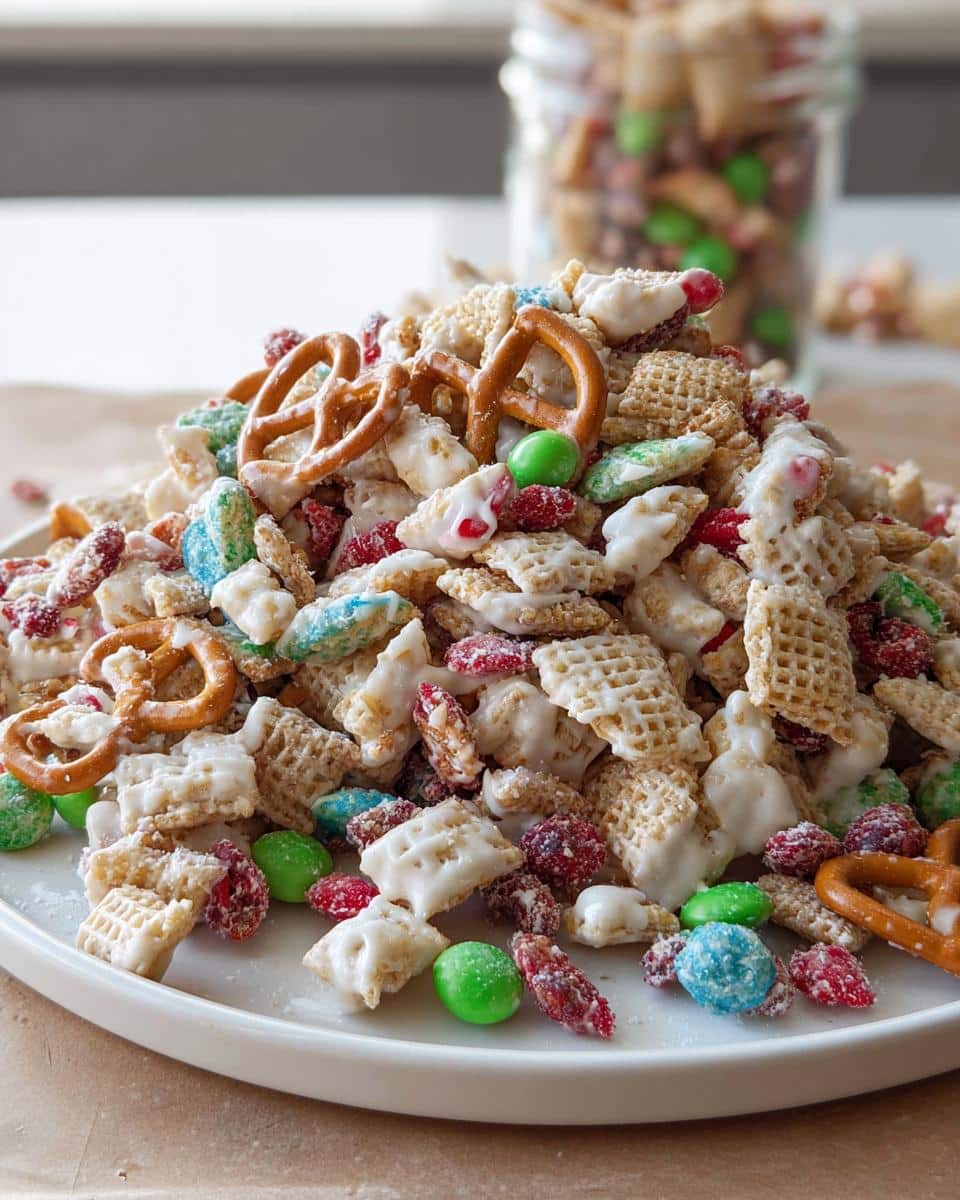 A mound of sweet and salty Christmas Chex Mix featuring white-coated cereal, pretzels, and colorful holiday candies.
