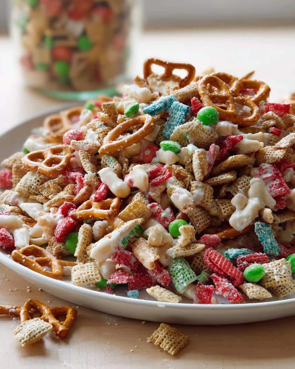 A close-up of sweet and salty Christmas Chex Mix piled high on a white platter, featuring pretzels, colorful coated cereal, and candy pieces.