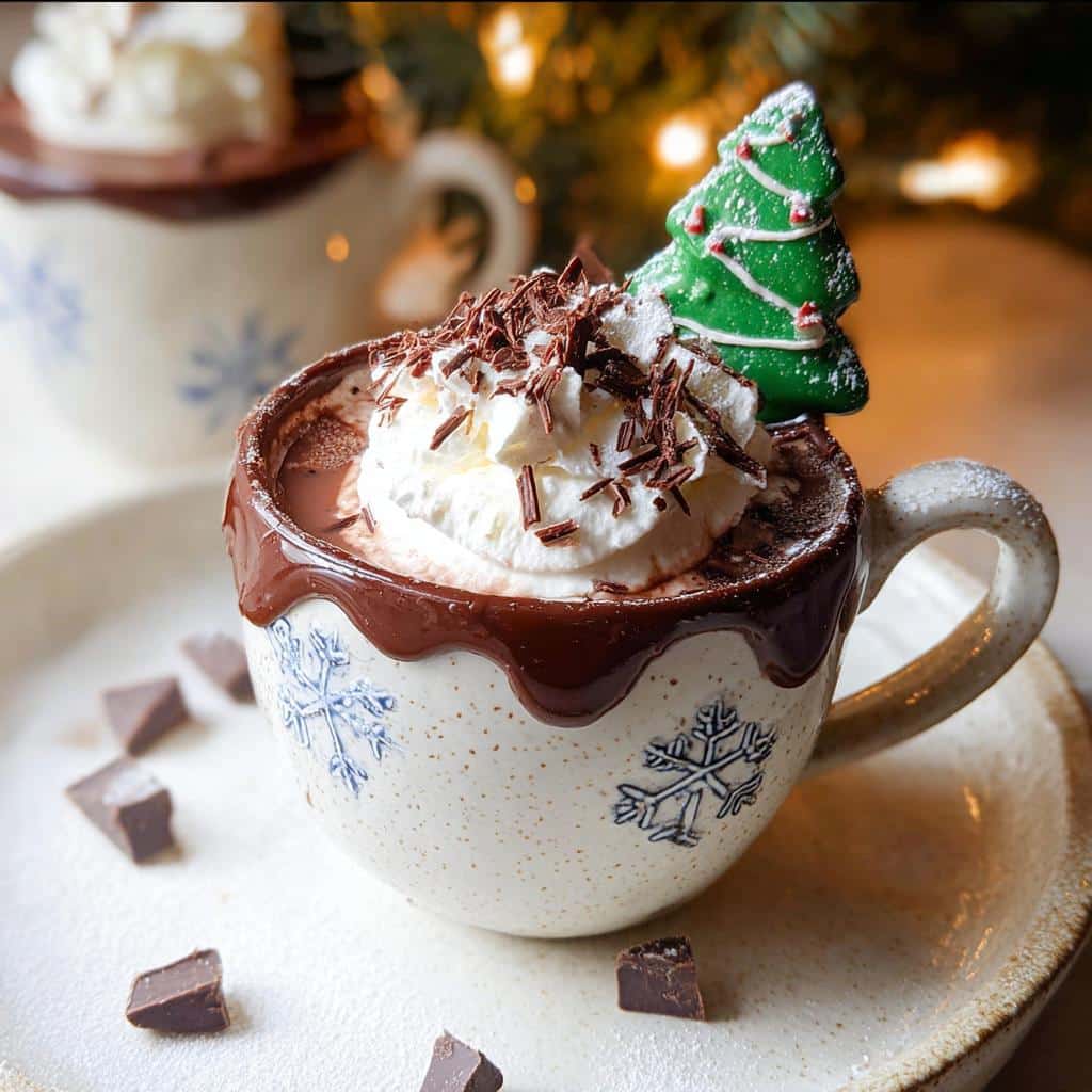 Festive Christmas Chocolate Hot Cups topped with whipped cream, chocolate shavings, and a Christmas tree cookie.