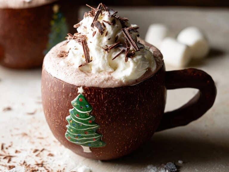 A festive Christmas Chocolate Hot Cup topped with whipped cream and chocolate shavings, served in a Christmas tree mug.