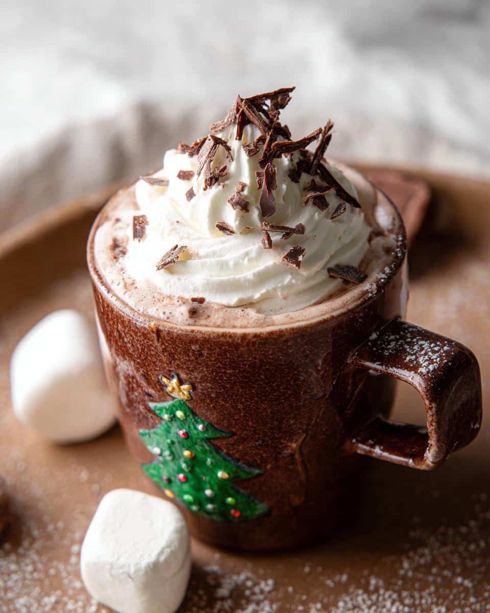 Festive Christmas Chocolate Hot Cups in a Christmas tree mug, topped with whipped cream and chocolate shavings.