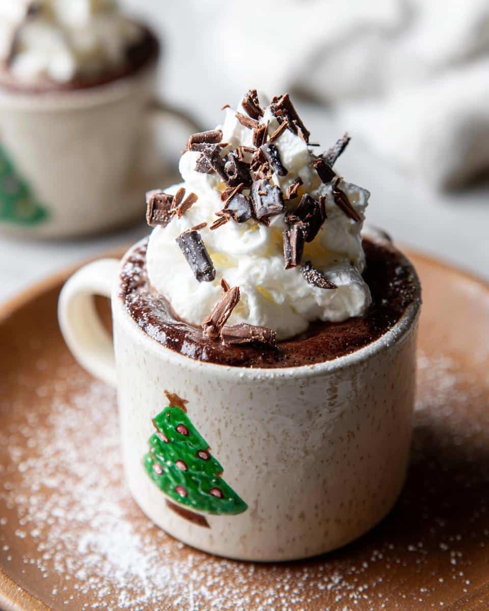 Christmas Chocolate Hot Cups in a festive mug, topped with whipped cream and chocolate shavings.