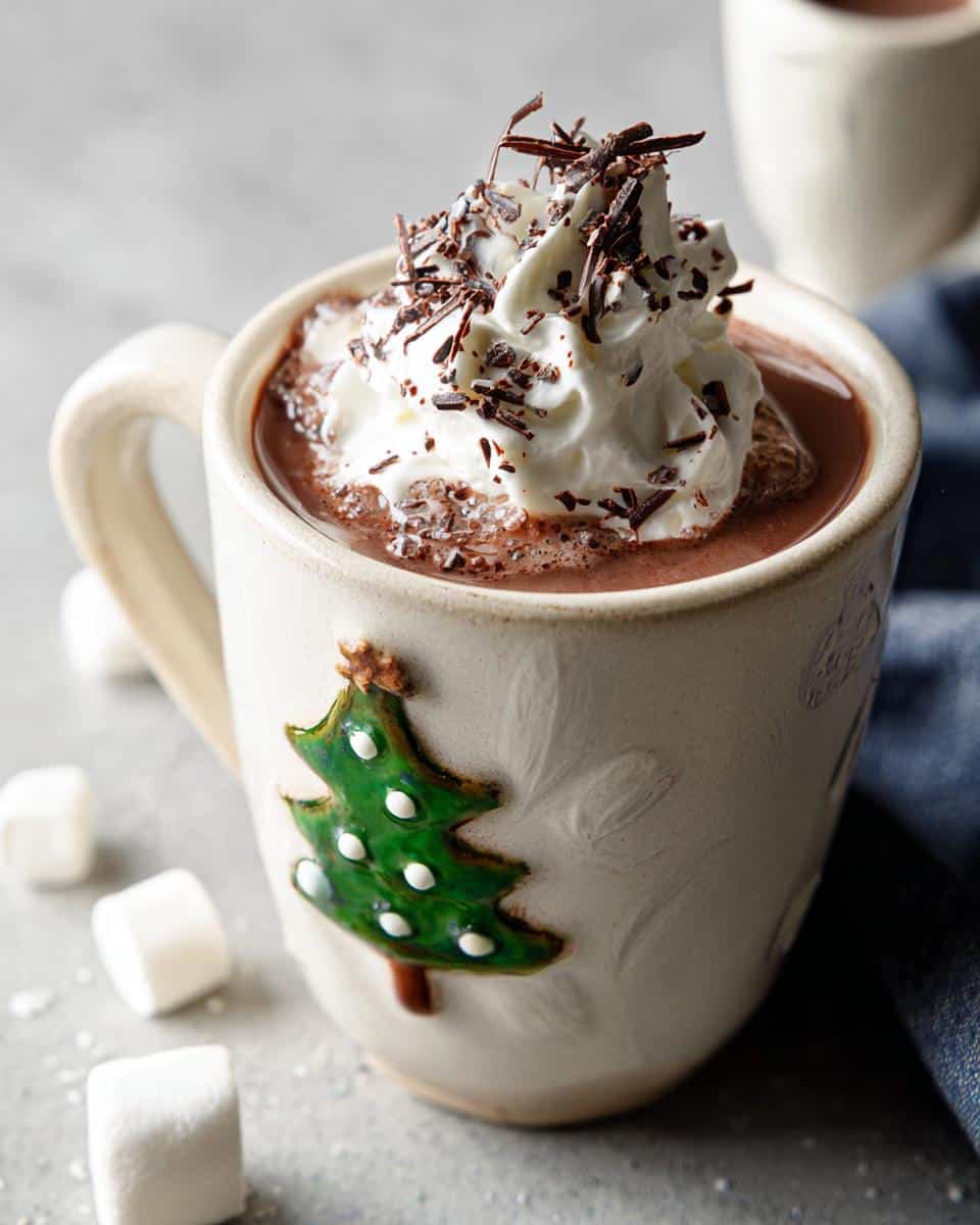 A mug of Christmas Chocolate Hot Cups topped with whipped cream and chocolate shavings, featuring a Christmas tree design.