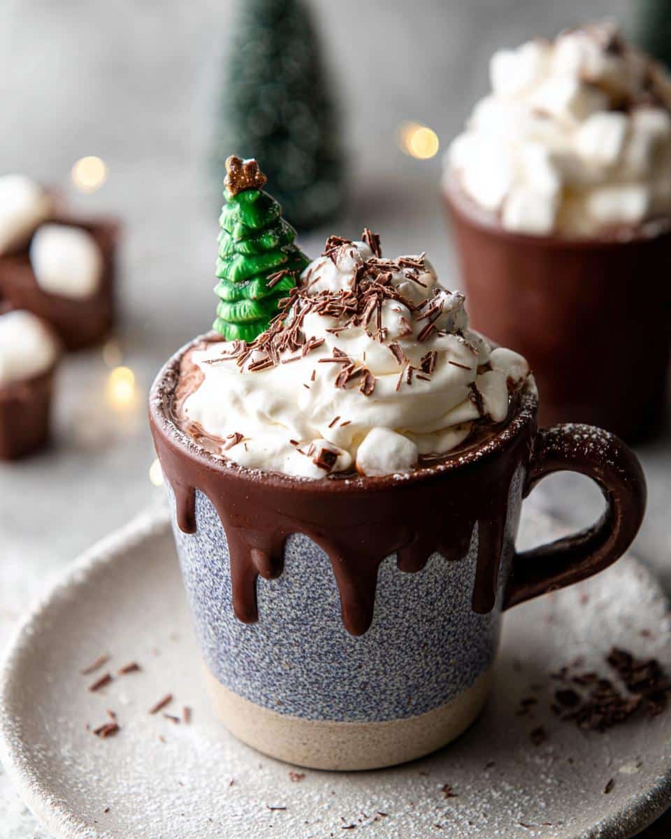Festive Christmas Chocolate Hot Cups topped with whipped cream, chocolate shavings, and a Christmas tree decoration.