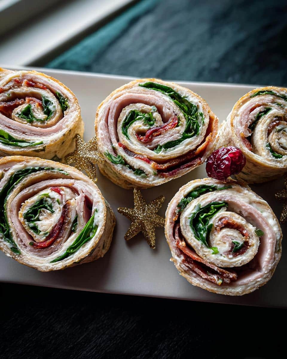 Five slices of Christmas Cranberry Turkey Roll Ups pinwheels arranged on a platter with holiday star decorations.