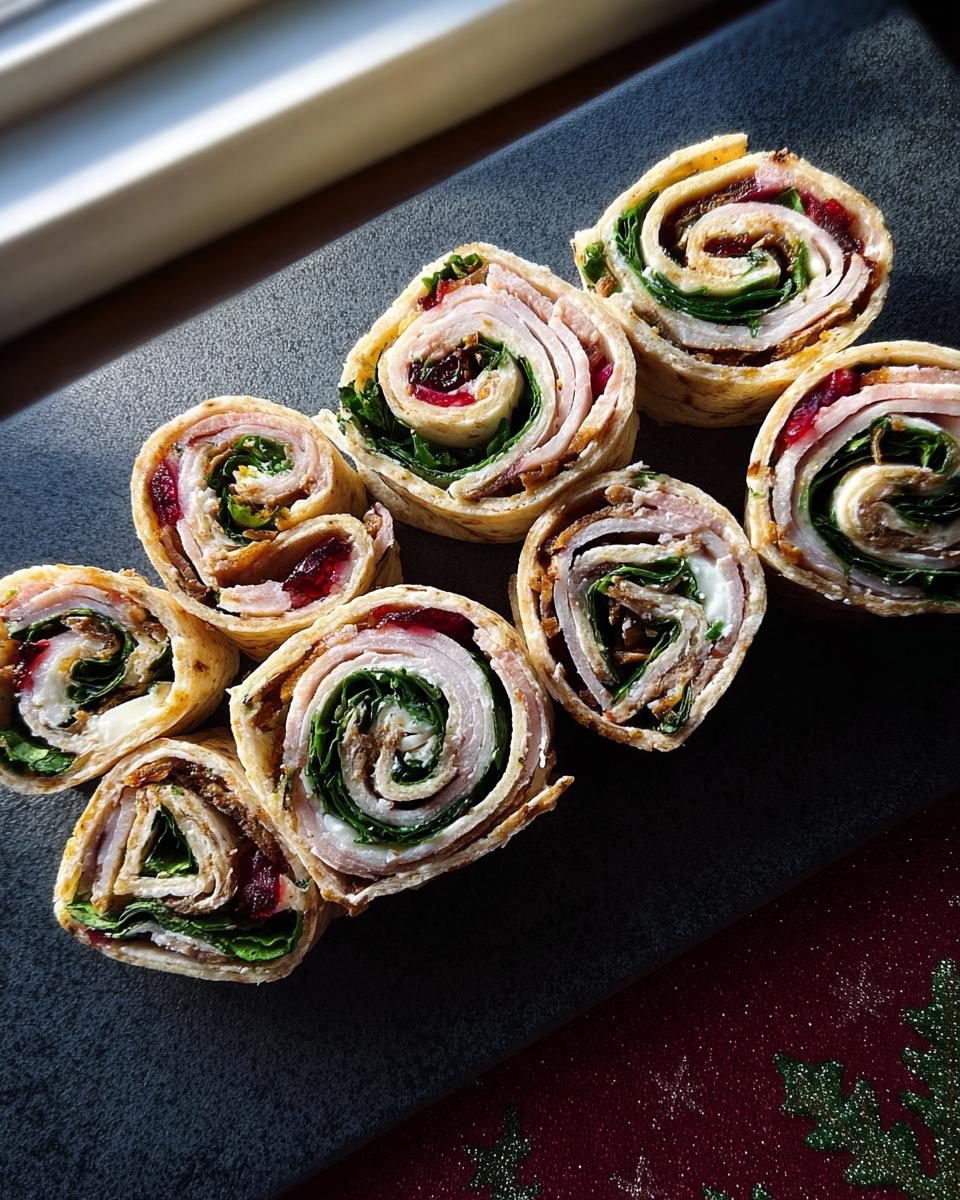 Eight pinwheels of Christmas Cranberry Turkey Roll Ups arranged on a dark platter, showing layers of turkey, greens, and cranberry filling.