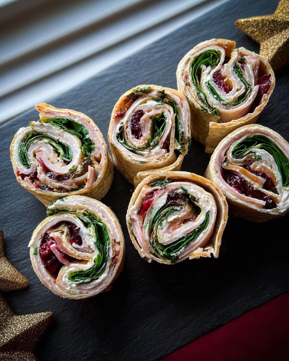 Six pinwheels of Christmas Cranberry Turkey Roll Ups showing layers of turkey, cream cheese, spinach, and cranberry filling on a dark slate.