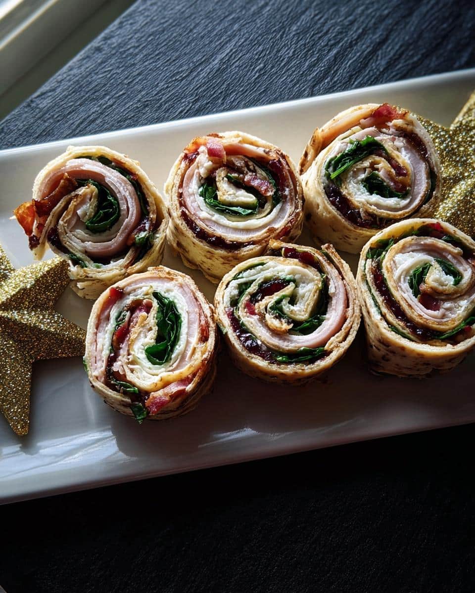 Six pinwheel slices of Christmas Cranberry Turkey Roll Ups arranged on a white platter with gold star decorations.