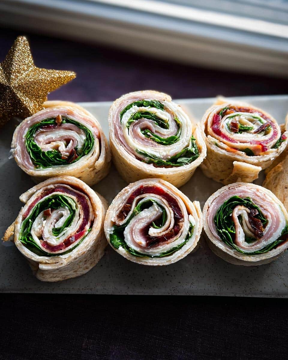 Six pinwheel slices of Christmas Cranberry Turkey Roll Ups featuring turkey, cream cheese, greens, and cranberry filling.
