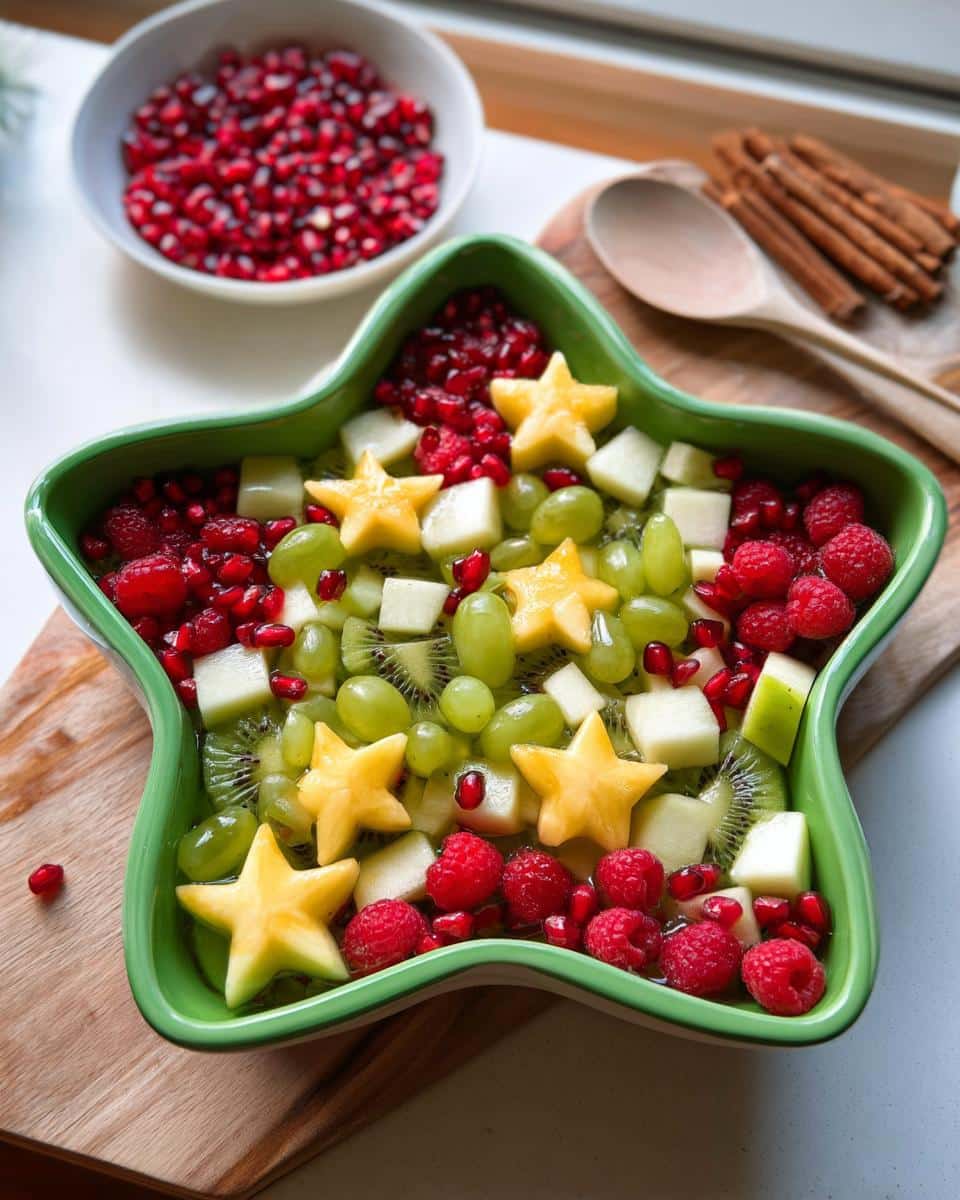 Star-shaped bowl filled with Christmas Morning Fruit Salad: raspberries, grapes, kiwi, pomegranate seeds, and star-shaped mango.