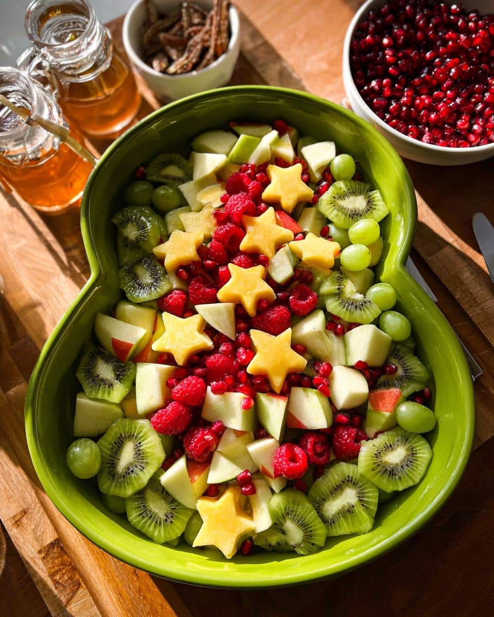 Overhead shot of Christmas Morning Fruit Salad with kiwi, grapes, raspberries, apples, and star-shaped mango in a green bowl.