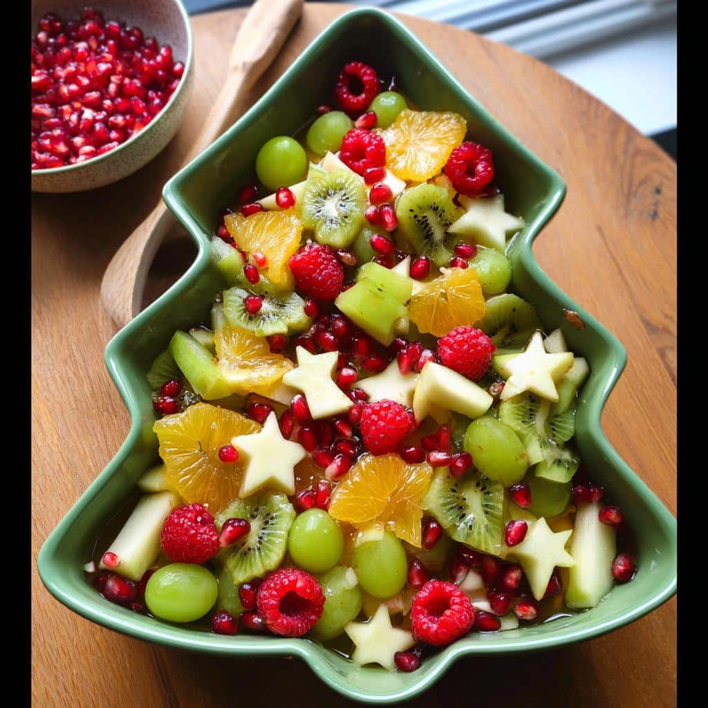 Overhead view of Christmas Morning Fruit Salad in a tree-shaped bowl with raspberries, kiwi, grapes, and pomegranate seeds.