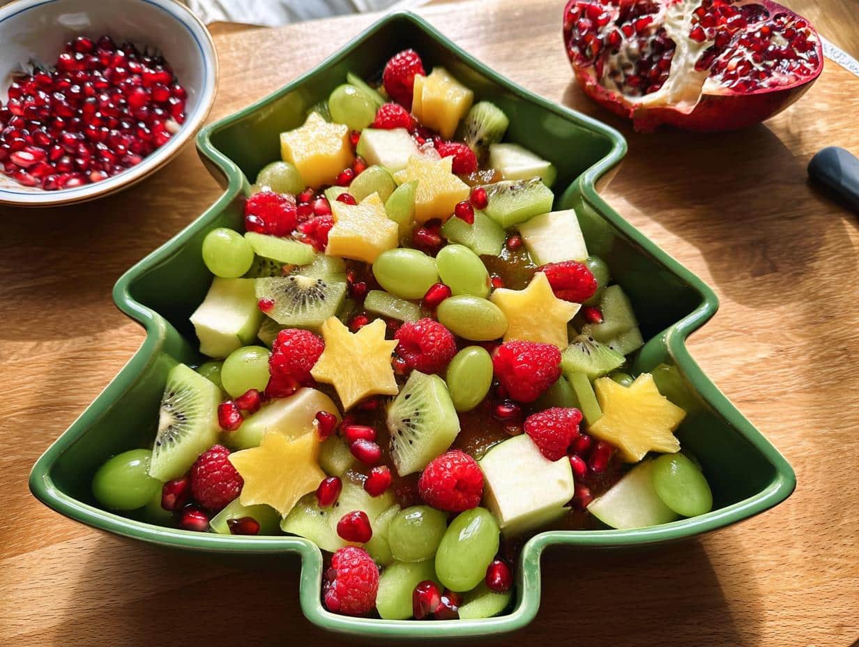 Festive Christmas Morning Fruit Salad in a Christmas tree-shaped bowl, featuring grapes, kiwi, raspberries, and star-shaped pineapple.