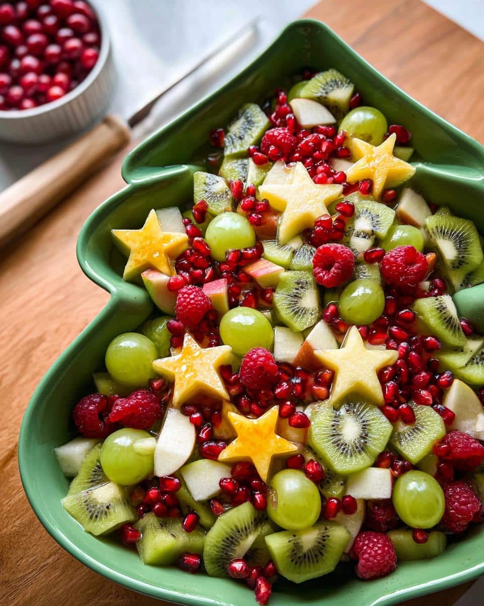 Christmas Morning Fruit Salad in a tree-shaped bowl with kiwi, grapes, raspberries, pomegranate seeds, and starfruit.