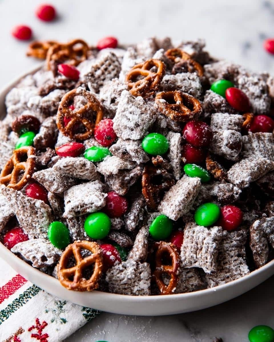 Close-up of a bowl filled with Christmas Puppy Chow coated in powdered sugar, mixed with pretzels and red and green candies.
