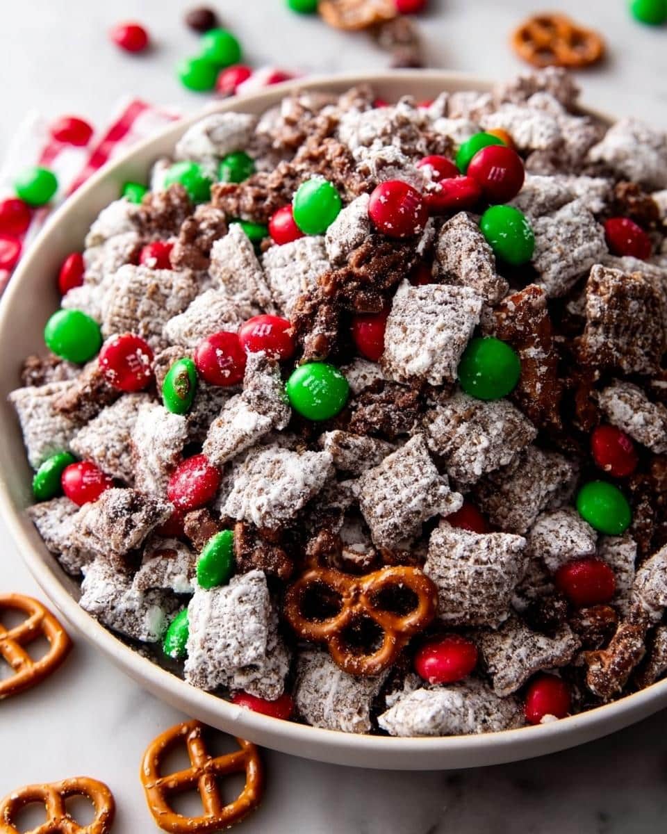 A close-up of a bowl filled with Christmas Puppy Chow, coated in powdered sugar and mixed with red and green M&Ms and small pretzels.