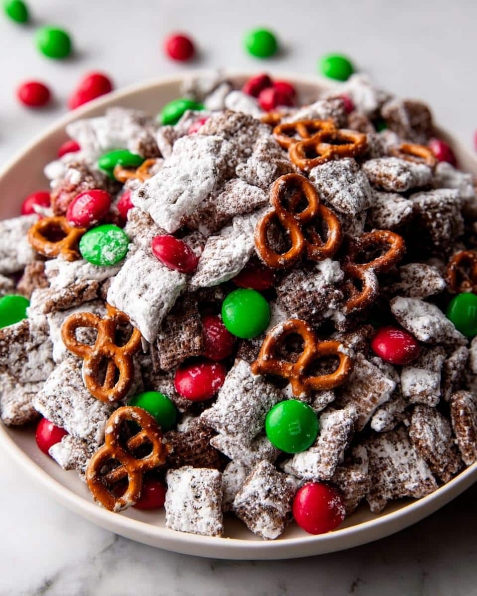 A close-up of a bowl filled with Christmas Puppy Chow coated in powdered sugar, mixed with pretzels and red and green candies.
