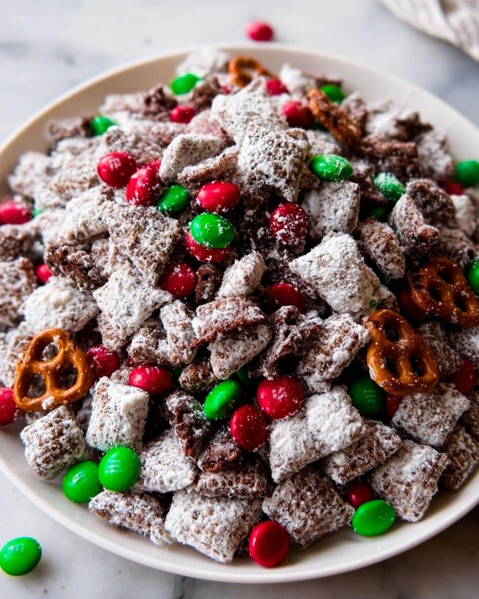 Close-up of Christmas Puppy Chow (Reindeer Chow) coated in powdered sugar with red and green candies and pretzels.