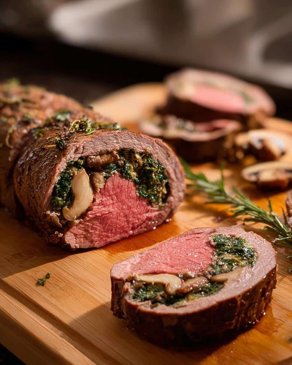 A perfectly cooked slice of Christmas Stuffed Beef Tenderloin showing medium-rare center and spinach mushroom filling.