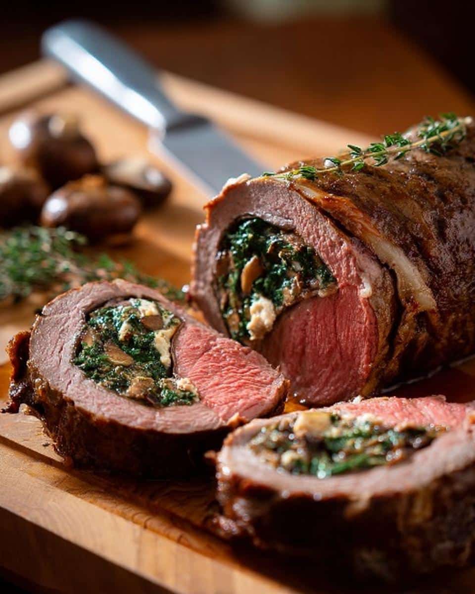 Cross-section of a perfectly cooked Christmas Stuffed Beef Tenderloin showing pink center and savory spinach and mushroom filling.