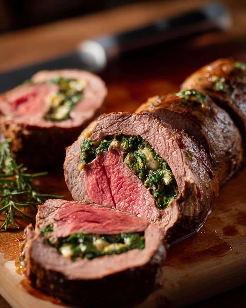 Close-up of sliced Christmas Stuffed Beef Tenderloin showing medium-rare center and green spinach stuffing.