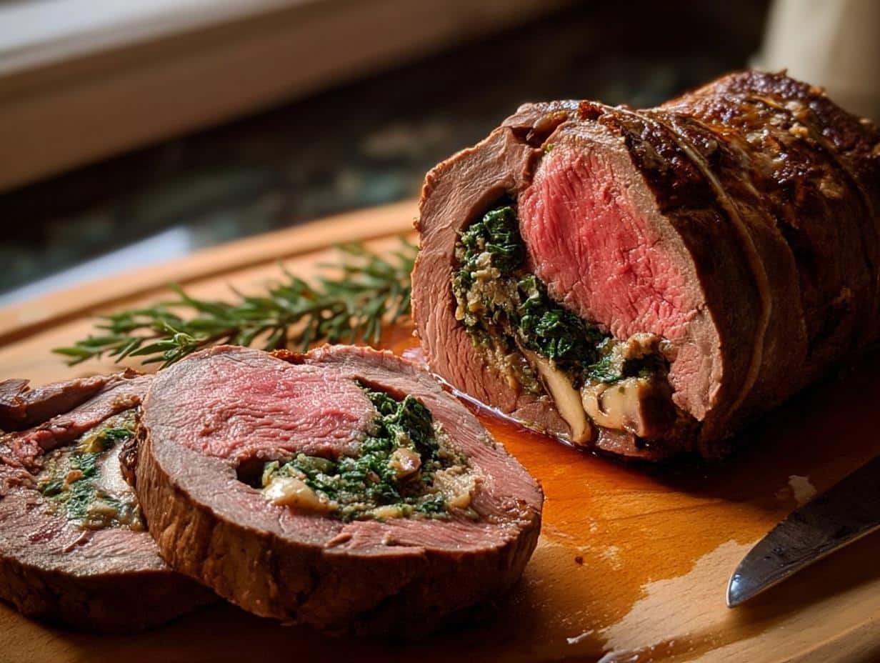 Cross-section view of a perfectly cooked Christmas Stuffed Beef Tenderloin, showing pink center and spinach stuffing.