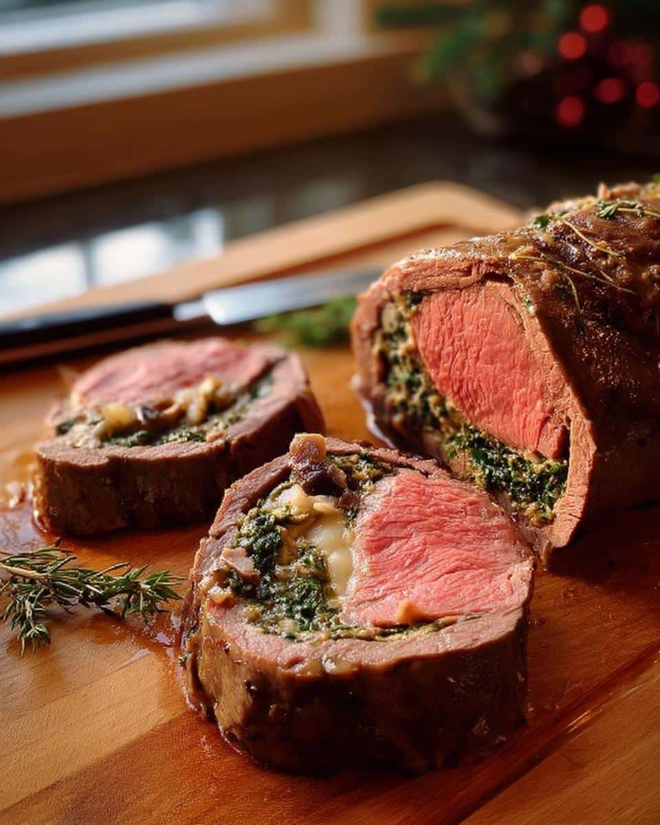 Close-up of Christmas Stuffed Beef Tenderloin, sliced to show medium-rare center and savory spinach and mushroom stuffing.