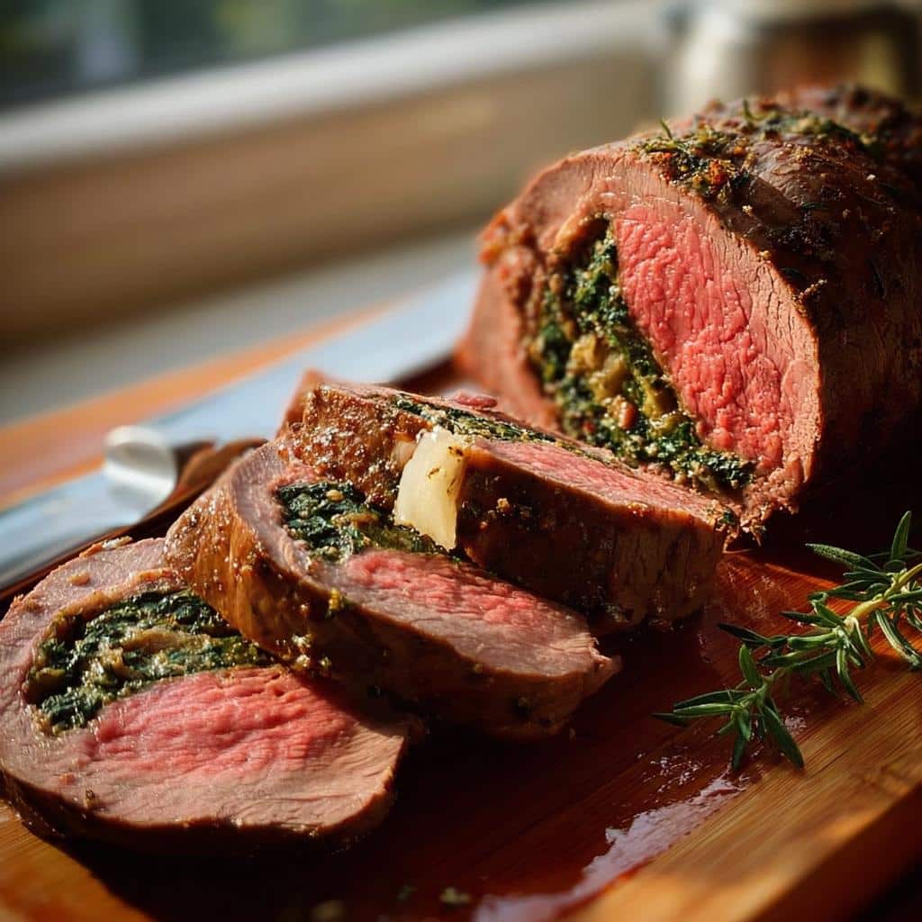 Slices of perfectly cooked Christmas Stuffed Beef Tenderloin showing a vibrant green spinach stuffing inside.