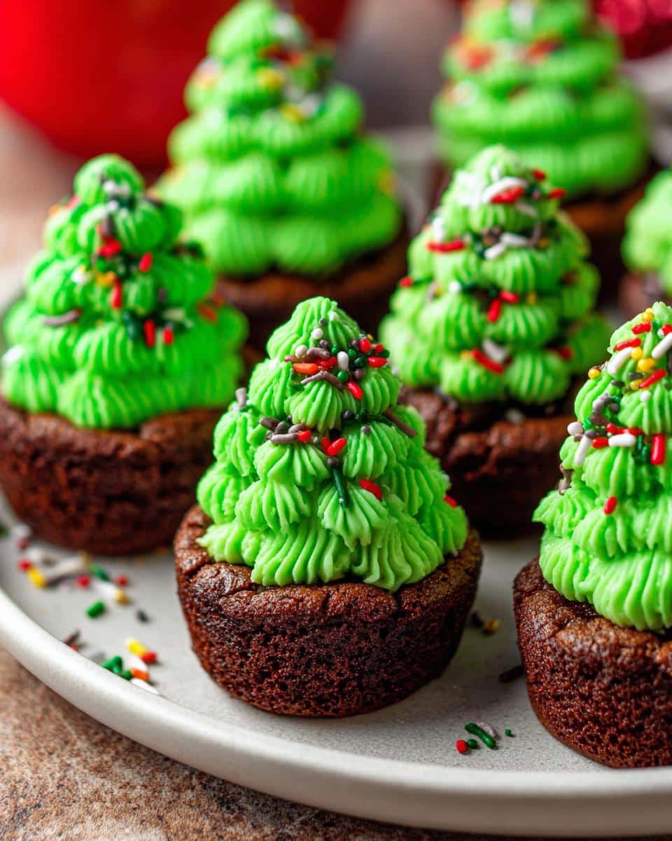 Festive Brownie Bites with Christmas Sprinkles, decorated as Christmas trees with green frosting and colorful sprinkles.