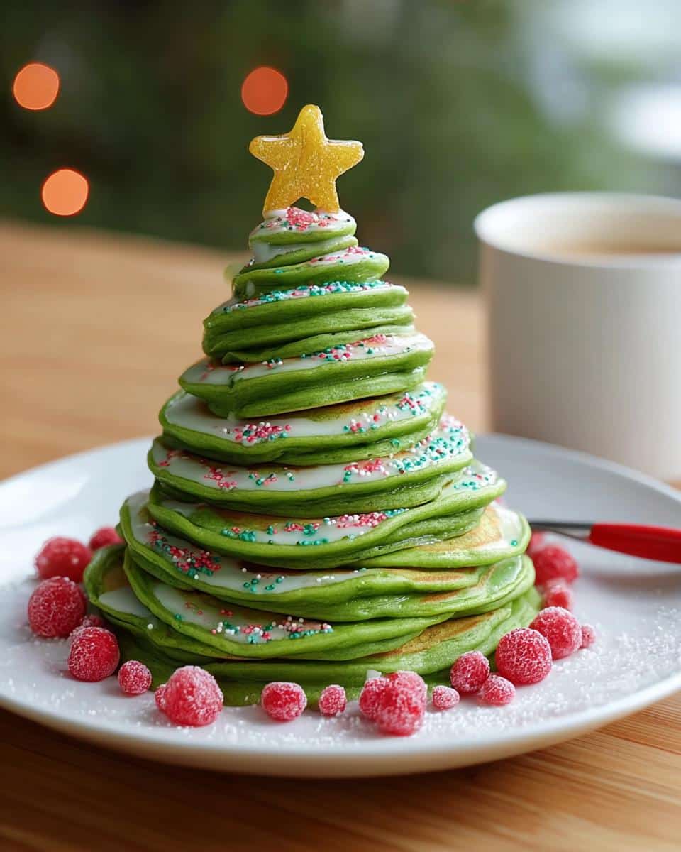 A stack of green Christmas Tree Pancakes decorated with white icing, sprinkles, and a star, surrounded by sugared cranberries.