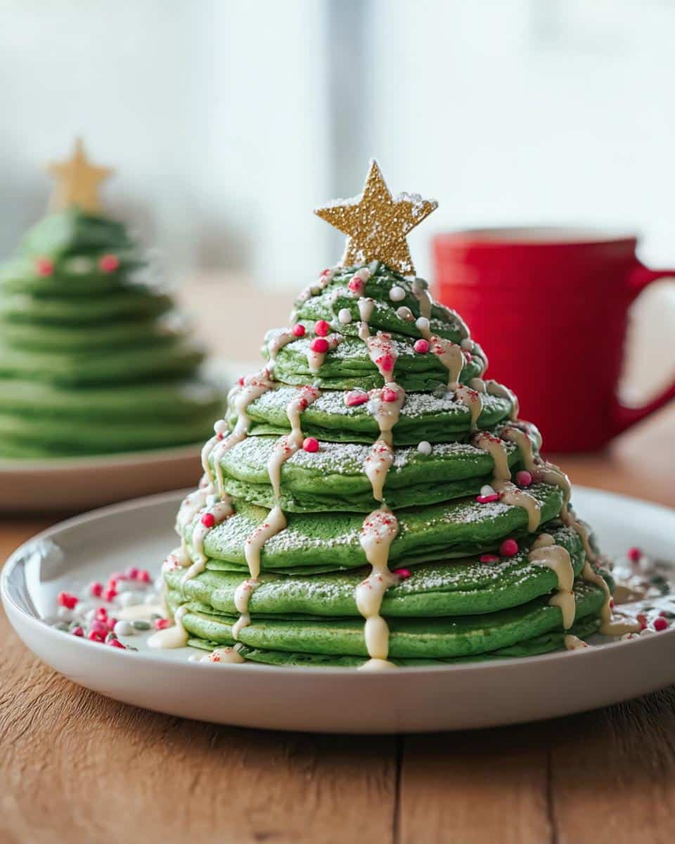 A stack of green Christmas Tree Pancakes decorated with a star, icing, and sprinkles for a festive breakfast.