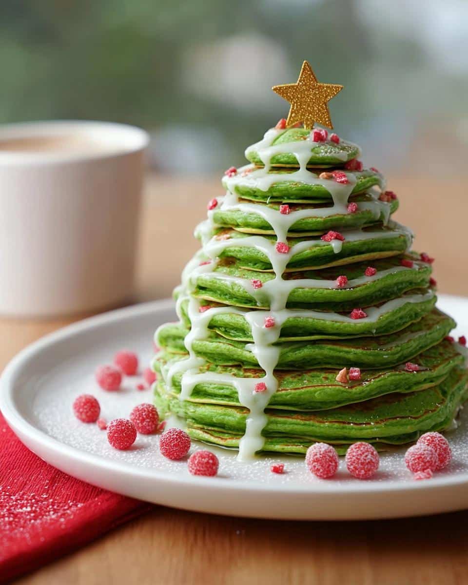 A stack of green Christmas Tree Pancakes drizzled with white icing and topped with a gold star and red sprinkles.