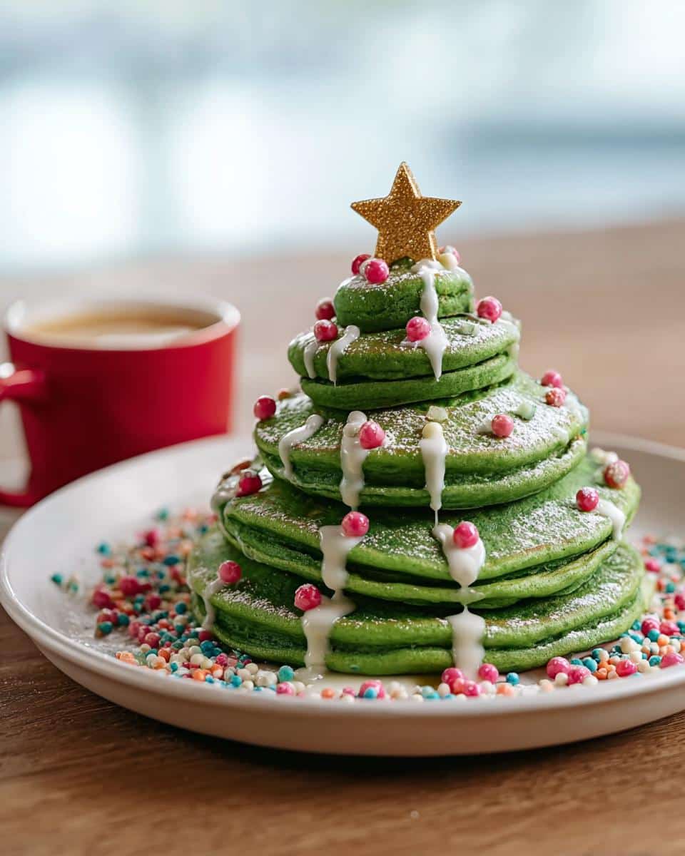 A stack of green Christmas Tree Pancakes decorated with icing, sprinkles, and a star on top.