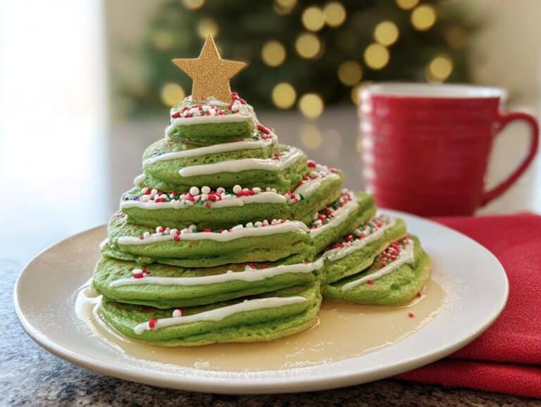 A stack of green Christmas Tree Pancakes decorated with icing, sprinkles, and a star, served with syrup.