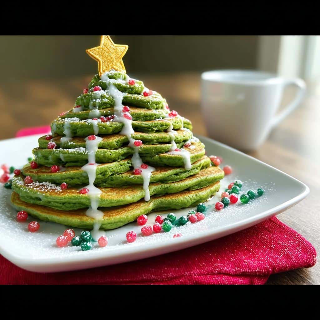 Festive Christmas Tree Pancakes stacked on a plate, decorated with a star, icing, and colorful candies.