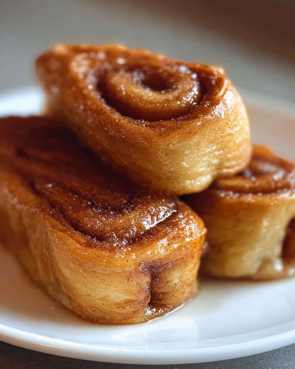 Close-up of three glistening Cinnamon Roll French Toast Rollups stacked on a white plate, showing the cinnamon swirl.