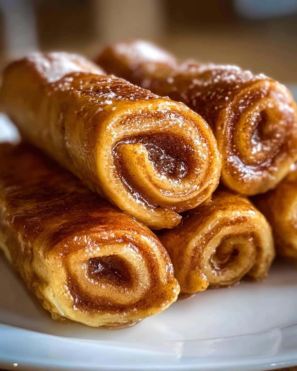 Close-up of several golden brown Cinnamon Roll French Toast Rollups stacked on a white plate, dusted with powdered sugar.