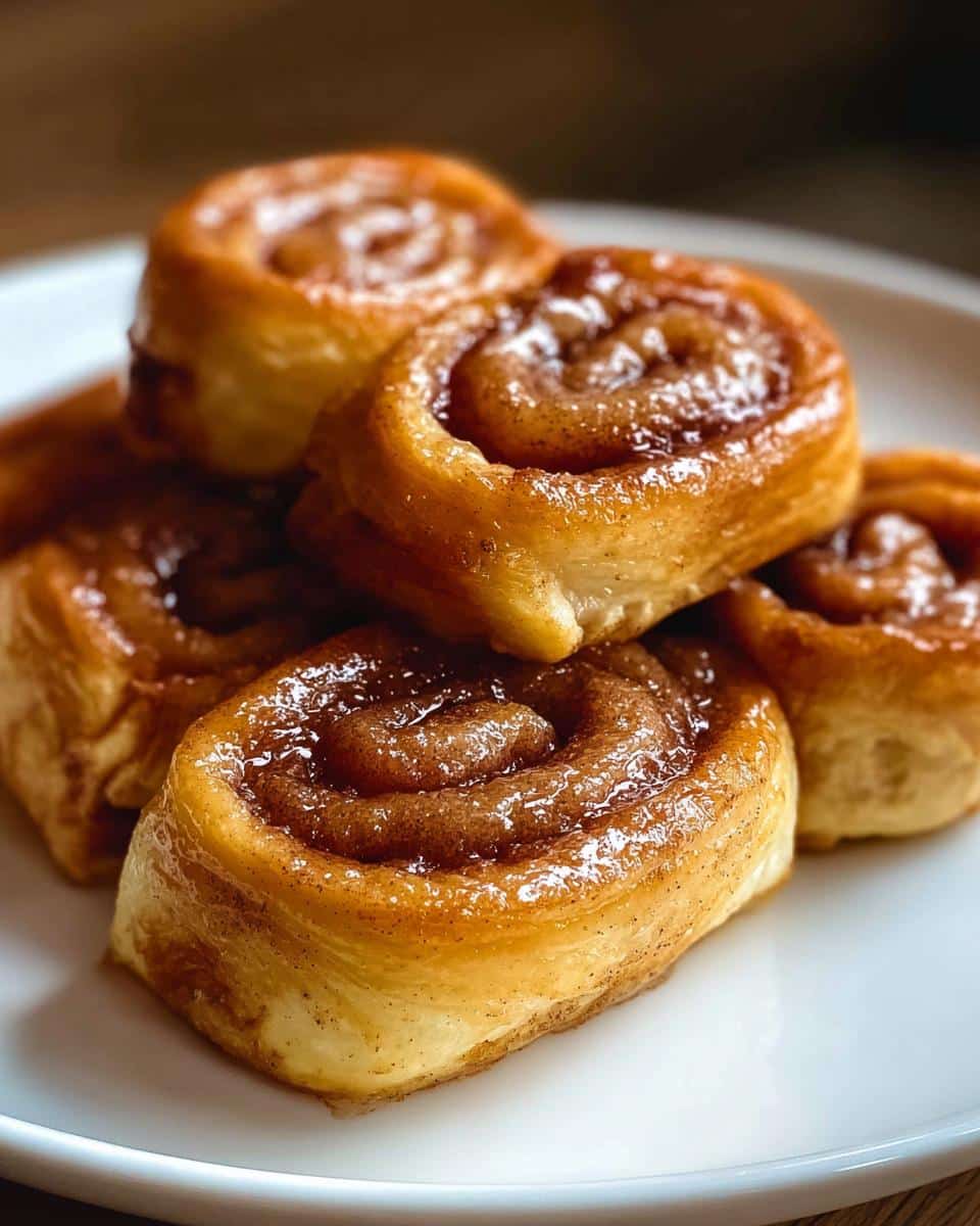 Close-up of several golden-brown Cinnamon Roll French Toast Rollups stacked on a white plate, glistening with cinnamon glaze.
