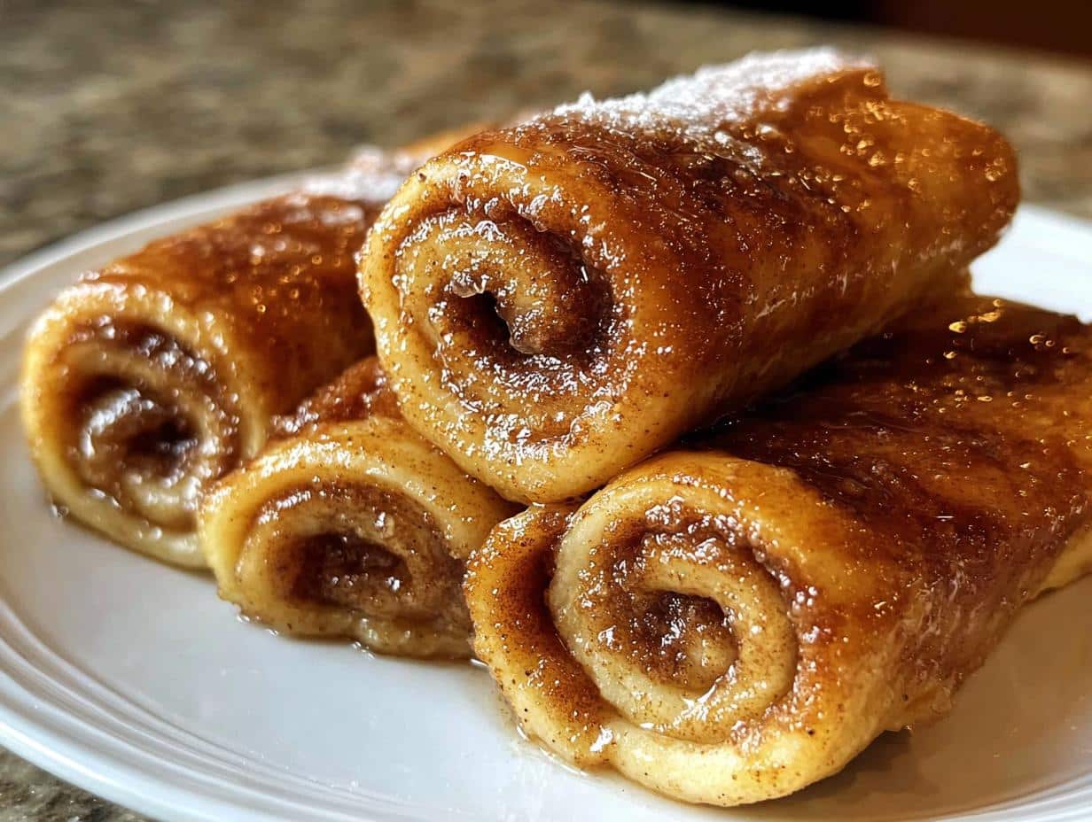 Close-up of four glistening Cinnamon Roll French Toast Rollups stacked on a white plate, coated in cinnamon glaze.