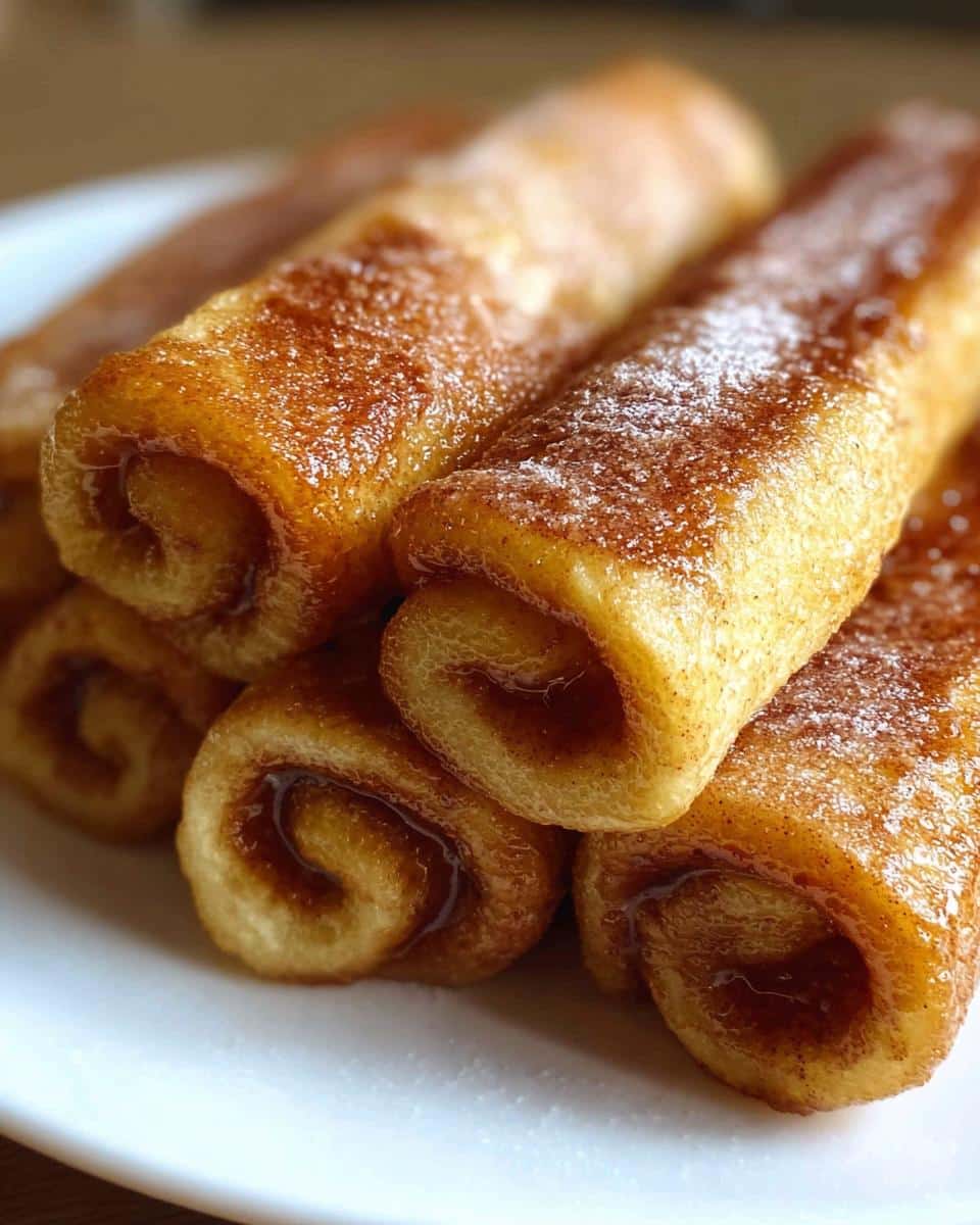 Close-up of several golden Cinnamon Roll French Toast Rollups dusted with powdered sugar on a white plate.