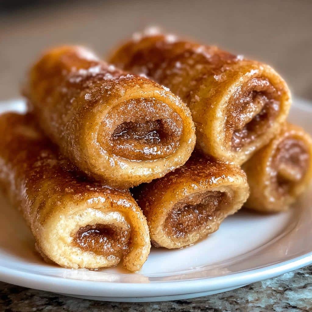 A stack of golden brown Cinnamon Roll French Toast Rollups coated in cinnamon sugar, served on a white plate.