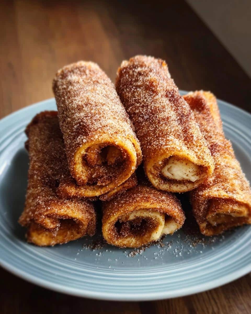 Close-up of several golden brown Cinnamon Sugar French Toast Rollups piled on a light blue plate.