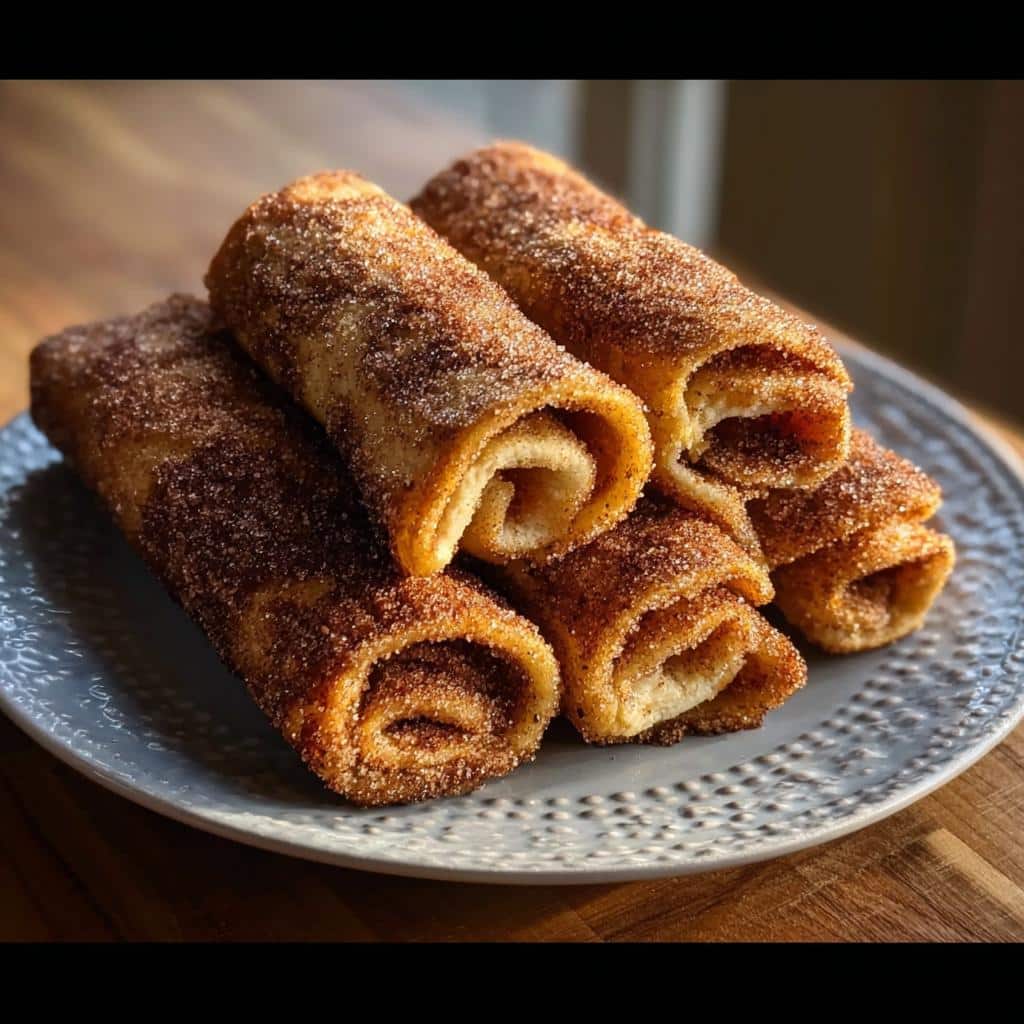 A stack of golden brown Cinnamon Sugar French Toast Rollups coated heavily in cinnamon sugar, served on a grey plate.