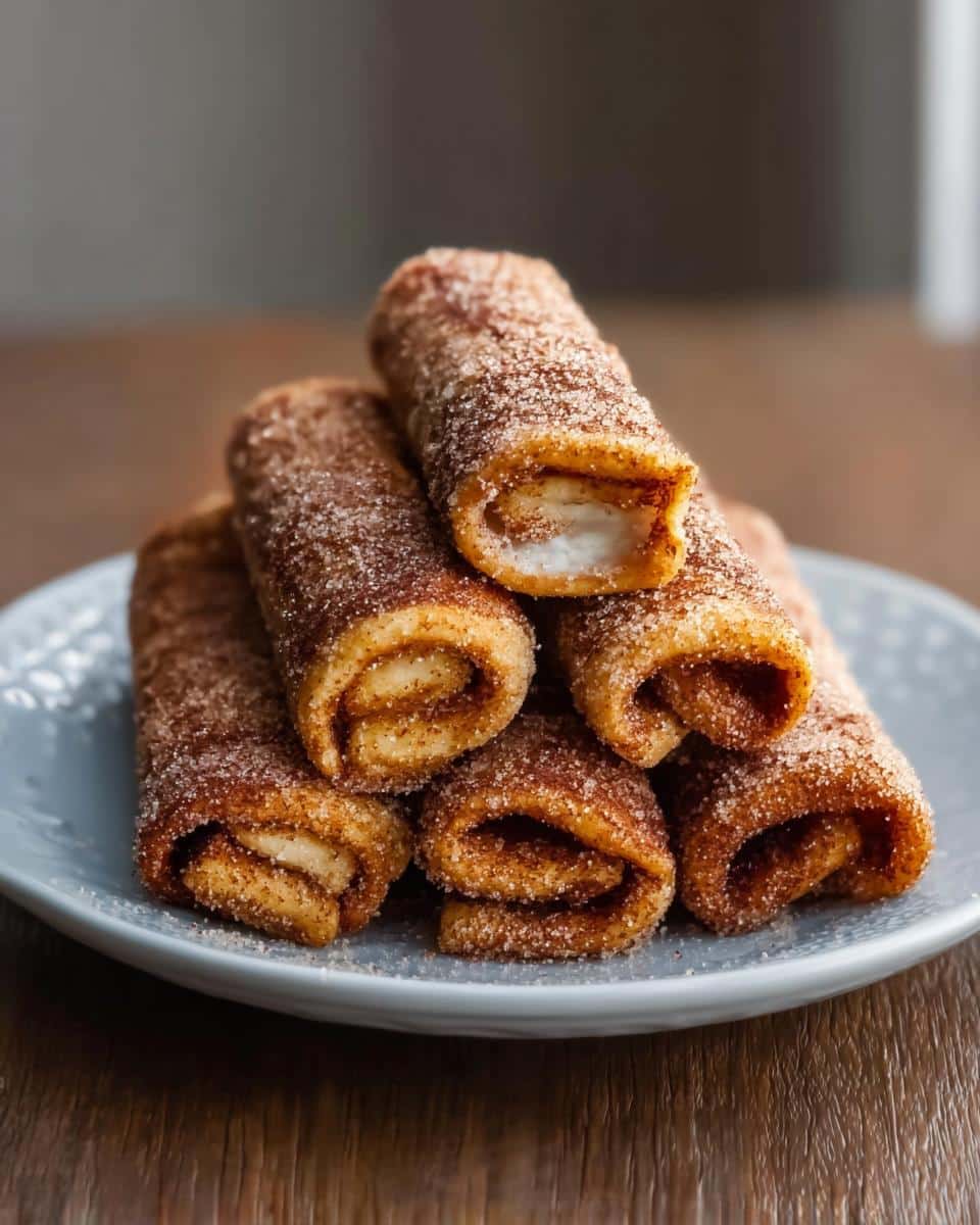 A stack of golden Cinnamon Sugar French Toast Rollups generously coated in cinnamon sugar, served on a light blue plate.