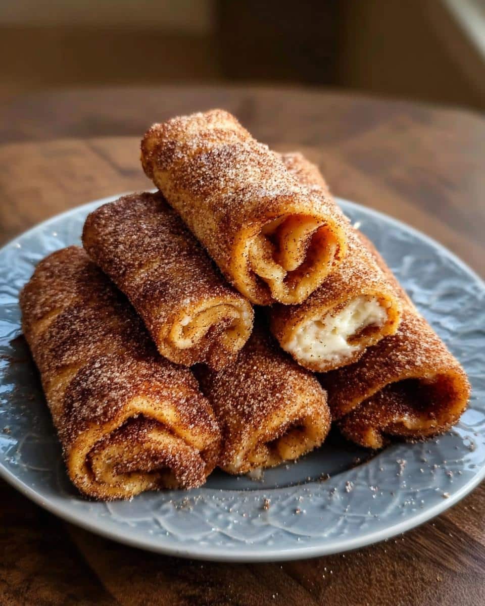A stack of golden brown Cinnamon Sugar French Toast Rollups coated heavily in cinnamon sugar, piled on a blue plate.