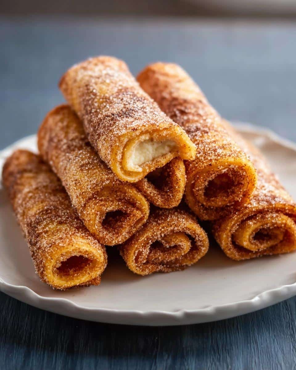A stack of golden Cinnamon Sugar French Toast Rollups piled on a white plate, one showing a creamy white filling.
